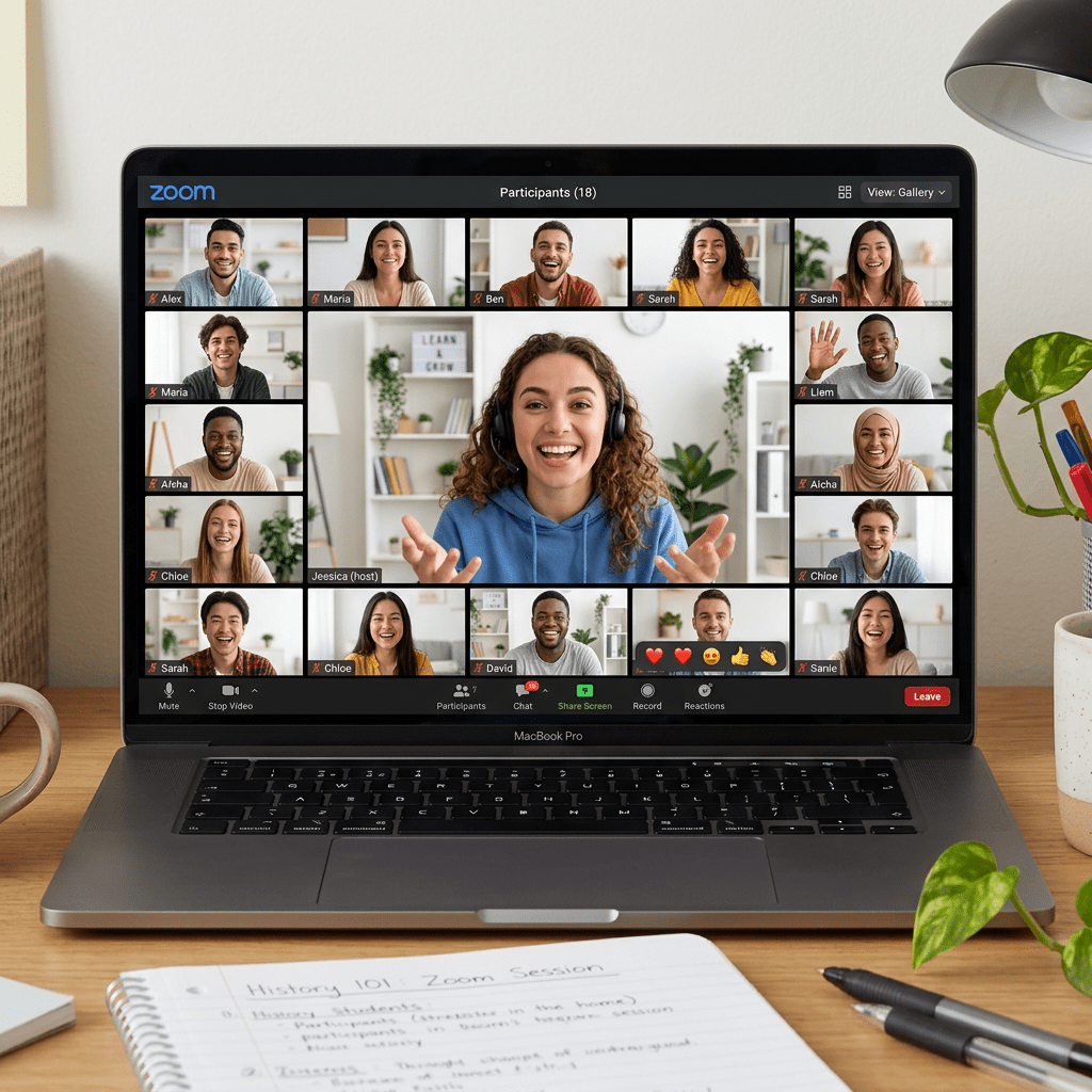 Online Zoom meeting with multiple participants smiling and engaging